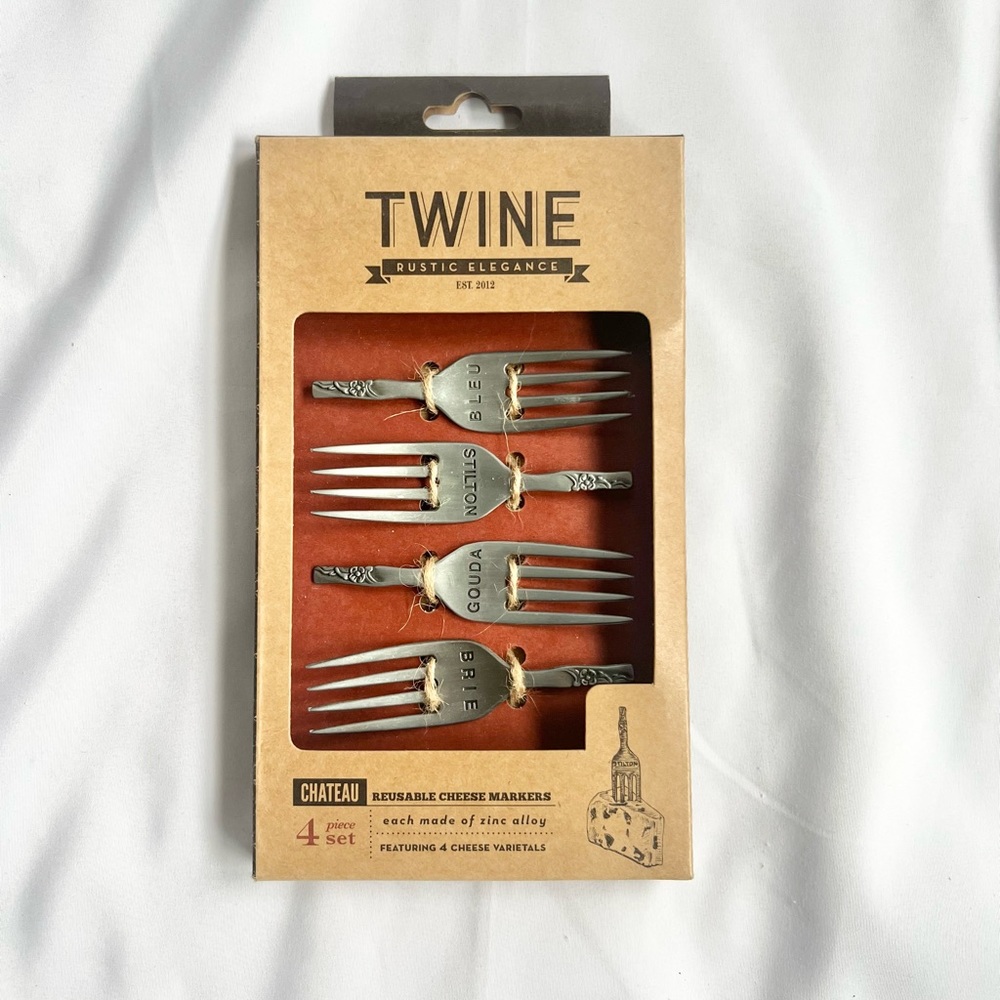 Twine Chateau Silver Cheese Markers Set of 4 Reusable Forks Charcuterie NIB